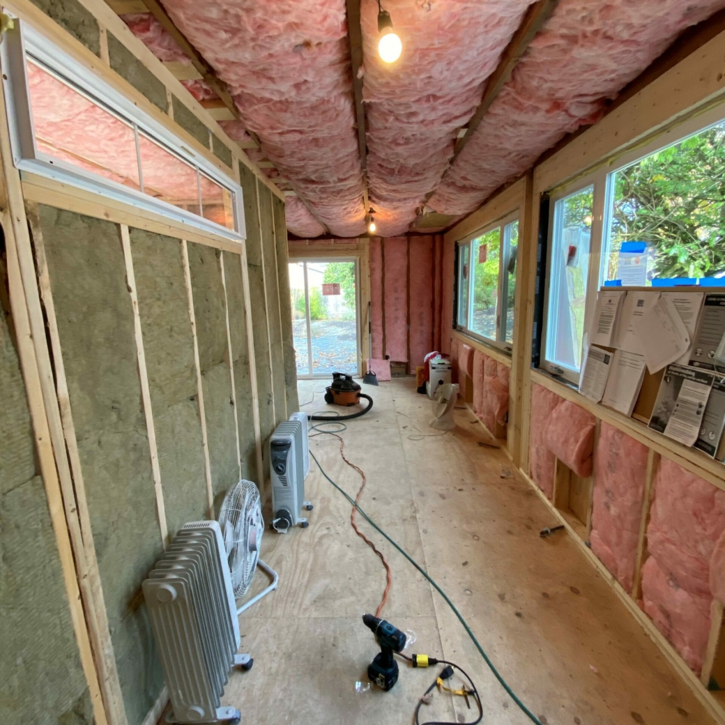 Pink insulation to code. Add other insallation for sound reduction in bedroom